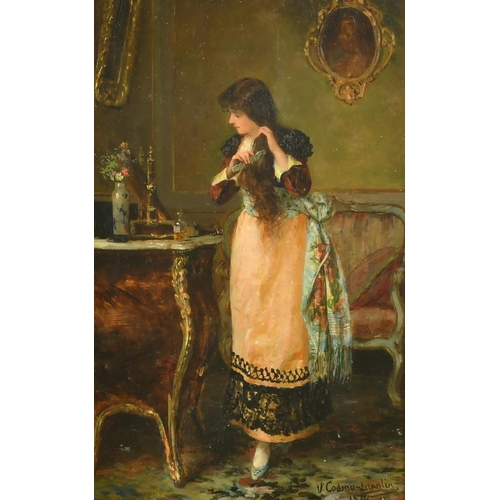 203 - Victoriano Cadina Y Langlin (1844-1911) Spanish. Interior with a Lady Brushing Her Hair, Oil on pane... 