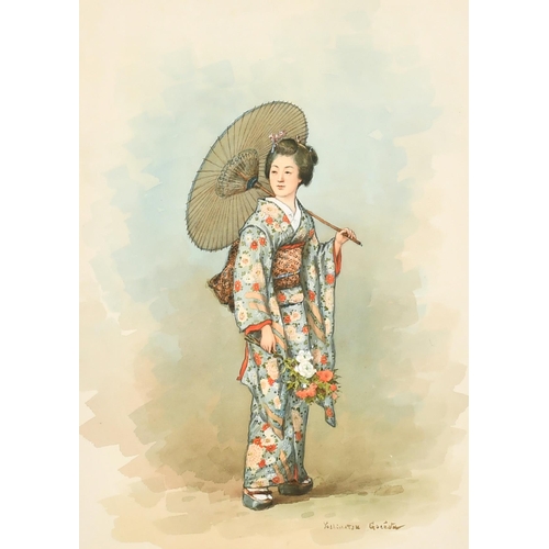 215 - Yoshimatsu Goseda (1855-1915) Japanese. Woman with a Parasol, Watercolour, Signed, 11.25