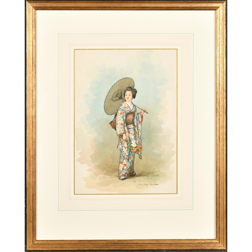 215 - Yoshimatsu Goseda (1855-1915) Japanese. Woman with a Parasol, Watercolour, Signed, 11.25