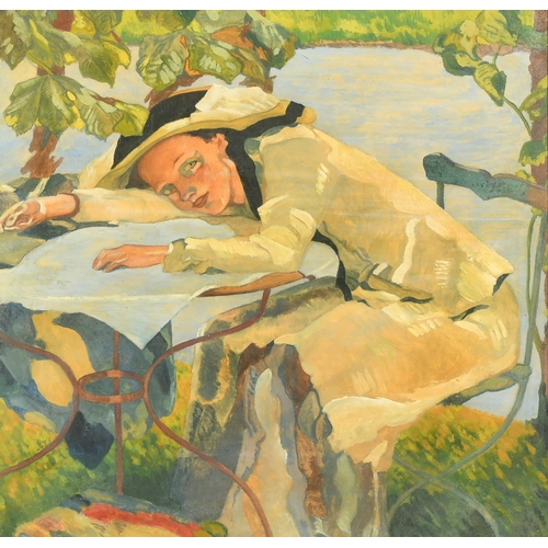 243 - 20th Century English School. A Young Lady Resting on a Table, Mixed media, 16.5