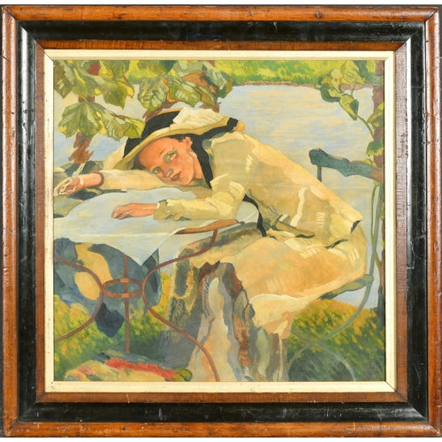 243 - 20th Century English School. A Young Lady Resting on a Table, Mixed media, 16.5