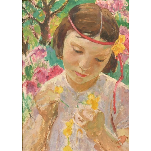 272 - Early 20th Century English School. Young Girl with Flowers, Oil on panel, 14