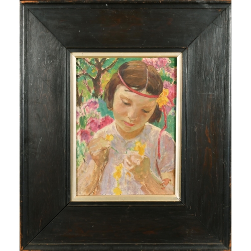 272 - Early 20th Century English School. Young Girl with Flowers, Oil on panel, 14