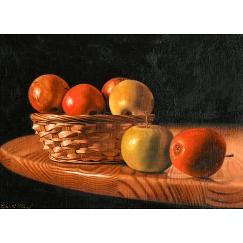 321 - Scott Waugh (20th-21st Century) British. Still Life of Apples in a Wicker Basket on a Table, Oil on ... 