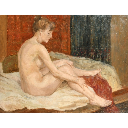 324 - Alastair Flattely (1922-2009) British. A Nude on a Bed, Oil on canvas, Signed, and inscribed verso, ... 