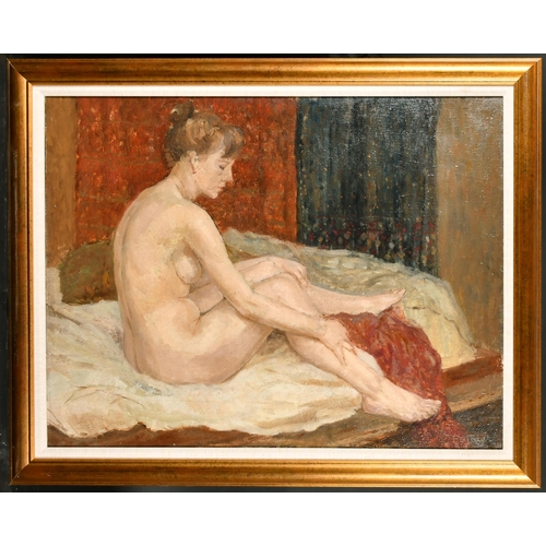 324 - Alastair Flattely (1922-2009) British. A Nude on a Bed, Oil on canvas, Signed, and inscribed verso, ... 