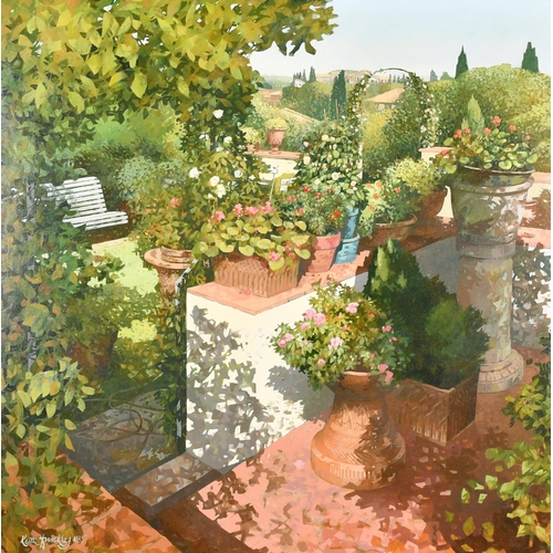 325 - Keith Dunkley (1942-    ) British. A Garden Scene, Oil on board, Signed and dated 85, 24