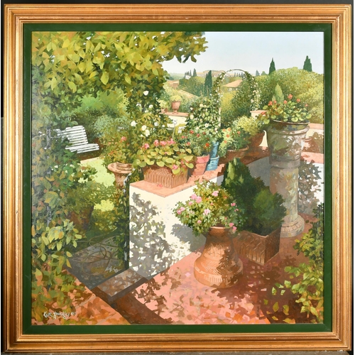 325 - Keith Dunkley (1942-    ) British. A Garden Scene, Oil on board, Signed and dated 85, 24