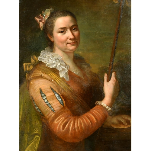 38 - 18th Century French School. Bust Portrait of a Lady holding a Staff, Oil on canvas, Indistinctly Sig... 