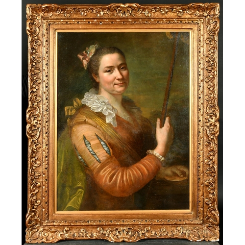 38 - 18th Century French School. Bust Portrait of a Lady holding a Staff, Oil on canvas, Indistinctly Sig... 