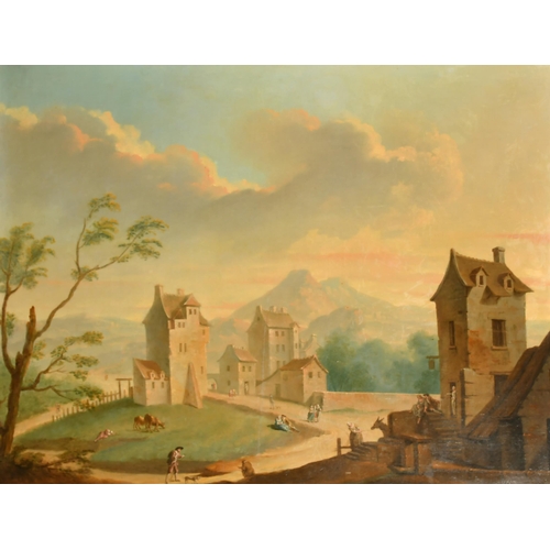 44 - Late 18th Century European School. A Mountainous Landscape with Figures by Buildings, Oil on canvas,... 