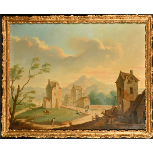 44 - Late 18th Century European School. A Mountainous Landscape with Figures by Buildings, Oil on canvas,... 