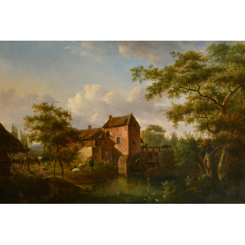 45 - Julien Joseph Ducorron (1770-1848) Belgian. A Water Mill with a Drover and Cattle, Oil on panel, Sig... 