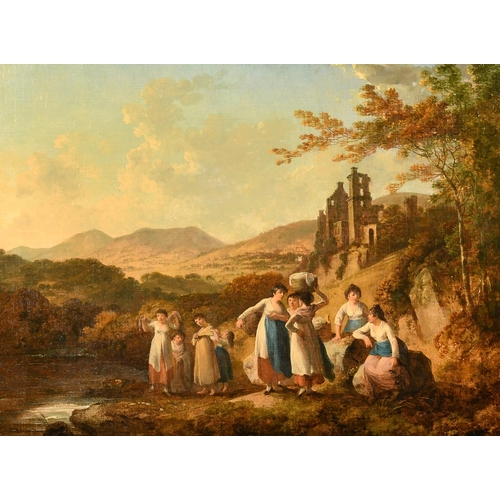 48 - Julius Caesar Ibbetson (1759-1817) British. 'Roslyn Castle with Figures in the foreground', Oil on c... 