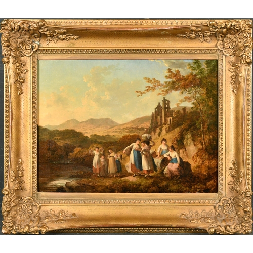 48 - Julius Caesar Ibbetson (1759-1817) British. 'Roslyn Castle with Figures in the foreground', Oil on c... 