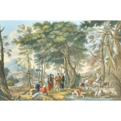 5 - 18th Century European School. Figures at a Watering Hole, Hand coloured engraving, with eglomise gla... 