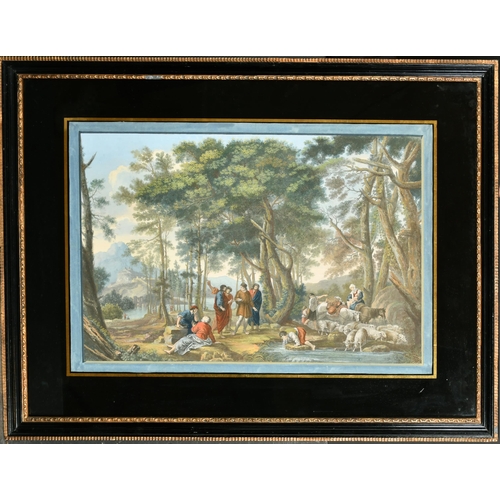 5 - 18th Century European School. Figures at a Watering Hole, Hand coloured engraving, with eglomise gla... 