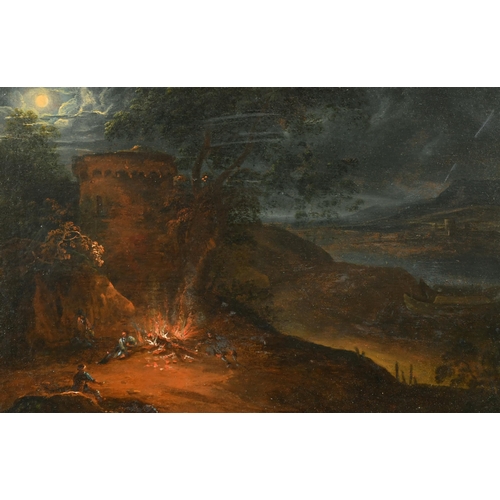 56 - 19th Century Dutch School. A Classical Landscape with Figures seated around a Fire, Oil on panel, 7.... 