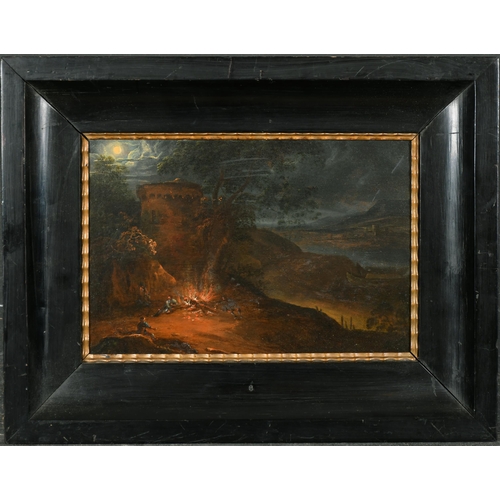 56 - 19th Century Dutch School. A Classical Landscape with Figures seated around a Fire, Oil on panel, 7.... 