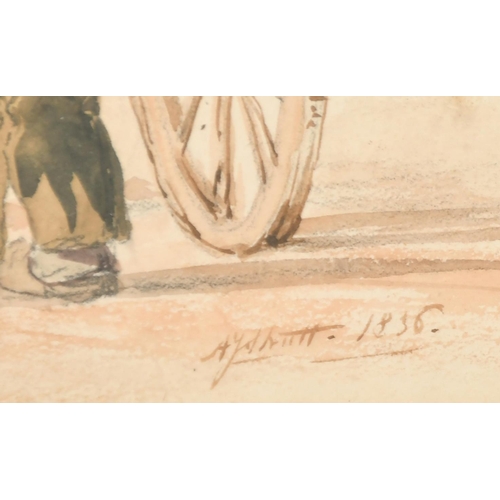 68 - Arthur John Strutt (1819-1888) British. Figures by a Cart, Watercolour, Signed and dated 1836, 8