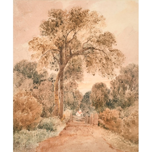 93 - David Cox (1783-1859) British. 'Lane near Dulwich (Circa 1810)', Watercolour, Inscribed on label ver... 