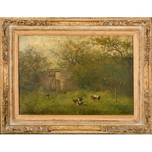 102 - Jules Rozier (1821-1882) French. Chickens in an Orchard, Oil on canvas, Signed and indistinctly date... 