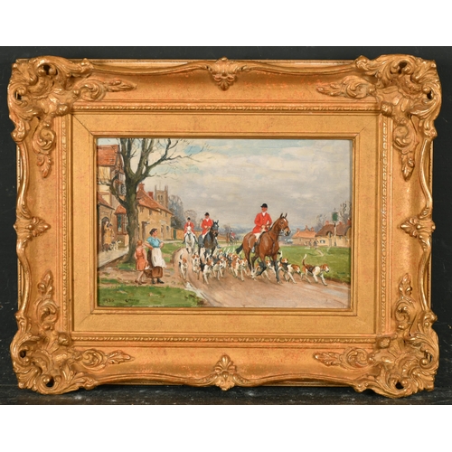 123 - John Sanderson-Wells (1872-1955) British. The Hunting Pack in a Village, Oil on artist's board, Sign... 