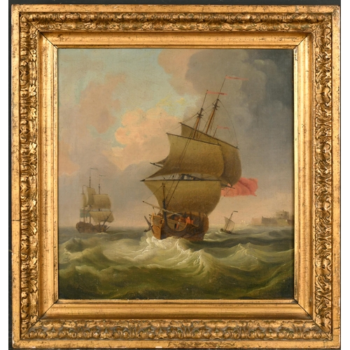 144 - Circle of Peter Monamy (1681-1749) British. Shipping in Choppy Waters, Oil on canvas, Inscribed vers... 