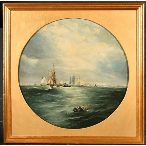 145 - Late 19th Century English School. A Coastal Scene with Shipping, Oil on board, Circular, 19