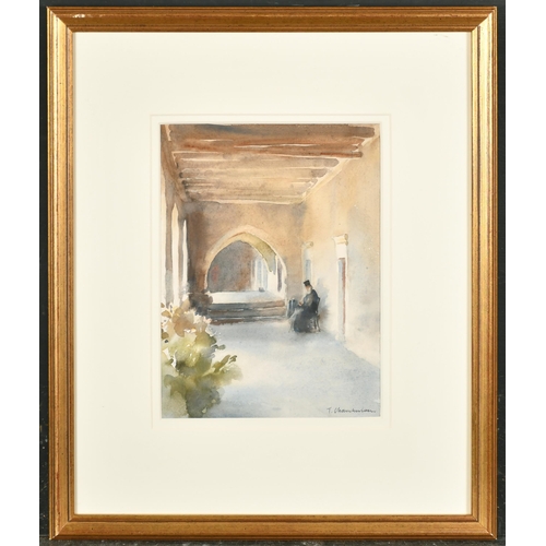 201 - Trevor Chamberlain (1933-    ) British. A Monastic Cloister, Crete, Watercolour, Signed, and inscrib... 