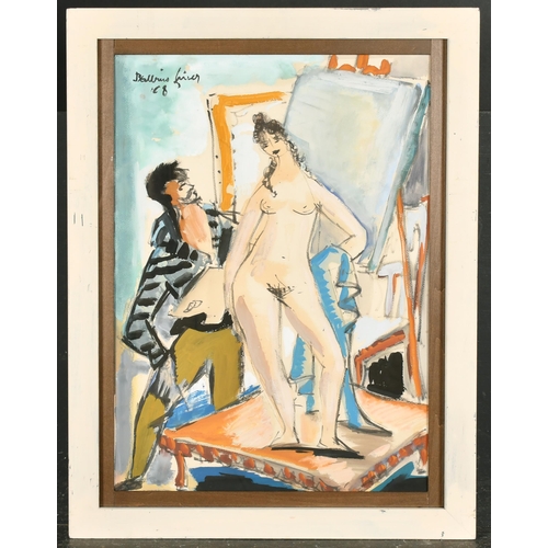 204 - 20th Century French School. An Artist with his Nude Model, Watercolour and ink, Indistinctly signed ... 