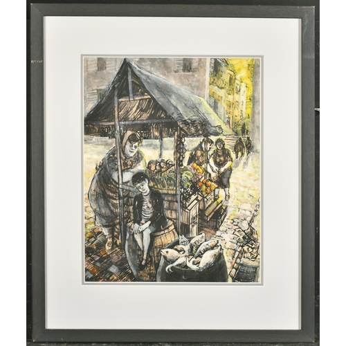 210 - Anthony Eyton (1923-    ) British. The Market Stall, Gouache and ink, Signed, 13.25