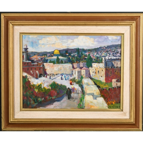 224 - 20th Century European School. Figures at the Wailing Wall, Oil on canvas, Indistinctly signed, 11.75... 