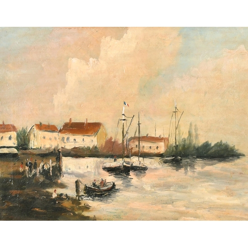 226 - Early 20th Century European School. An Estuary Scene with Figures in Boats, Oil on canvas, 14.25