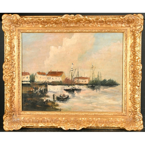 226 - Early 20th Century European School. An Estuary Scene with Figures in Boats, Oil on canvas, 14.25