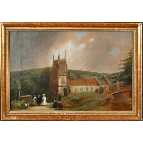 75 - 19th Century English School. Figures by a Church, Oil on canvas, Indistinctly inscribed on stretcher... 