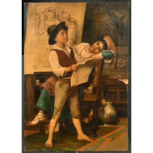 91 - 19th Century Italian School. An Interior with a Boy Reading a Newspaper, Oil on canvas possibly on a... 