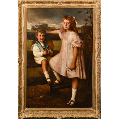 99 - Late 19th Century English School. Study of Two Children on a Stile, Oil on canvas, Indistinctly sign... 