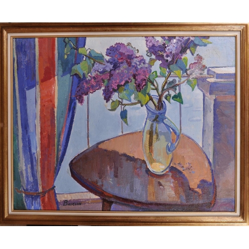 281 - Viktor Fedorovitch Vassine (1919-1997) Russian. “Lilac on the Balcony”, Oil on canvas, Signed in Cyr... 