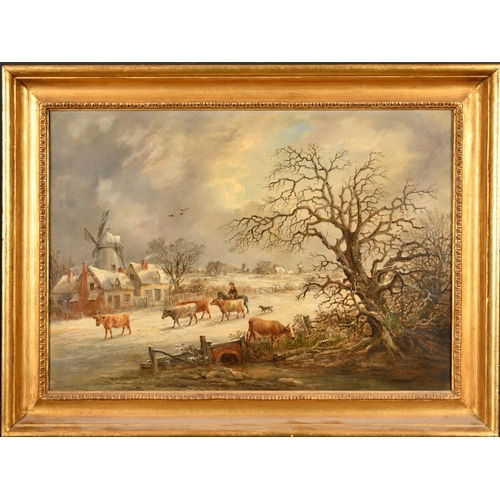 120 - Robert Burrows (1810-1883) British. A Winter Scene with Drover and Cattle, Oil on canvas, Signed and... 