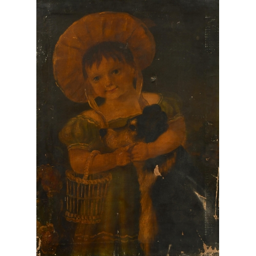 128 - Early 19th Century English School. A Young Girl with a Dog, Oil on canvas, Unframed 28