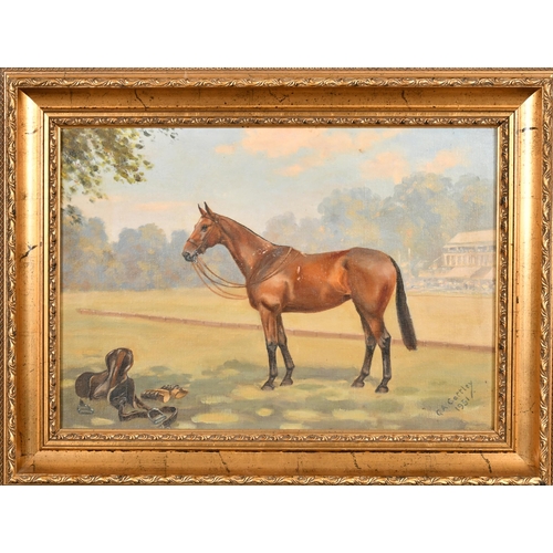 139 - Gilbert Acheson Cattley (1896-1978) British. A Polo Pony with a Club House beyond, Oil on artist's b... 