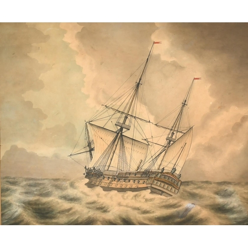 163 - Samuel Atkins (c.1787-1808) British. Man O' War in Choppy Waters, Watercolour, 9.5