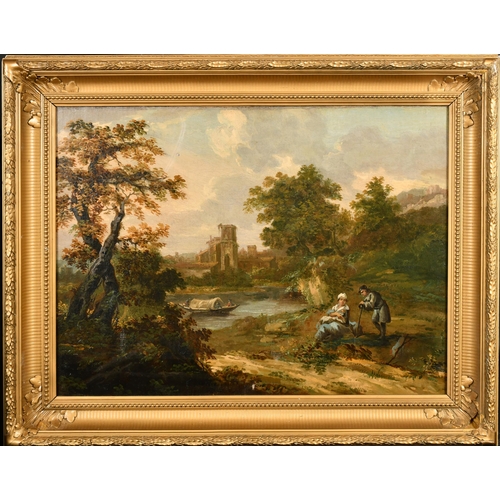 18 - 18th Century Dutch School. Figures in a River Landscape with Ruins beyond, Oil on canvas, 18.5