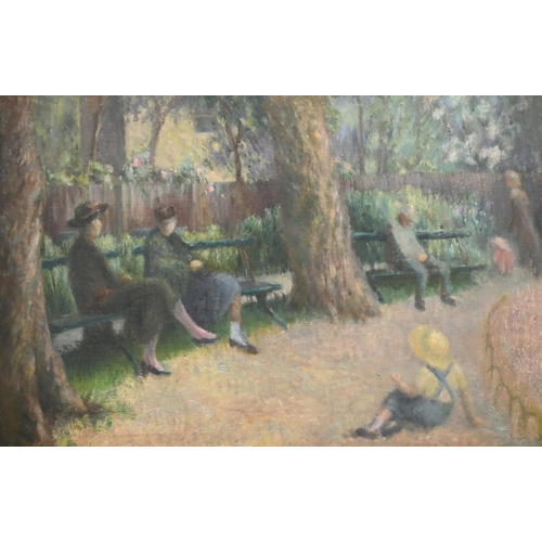 246 - I J B Sinclair (19th-20th Century) British. Figures on a Park Bench, Oil on canvas, Inscribed verso,... 