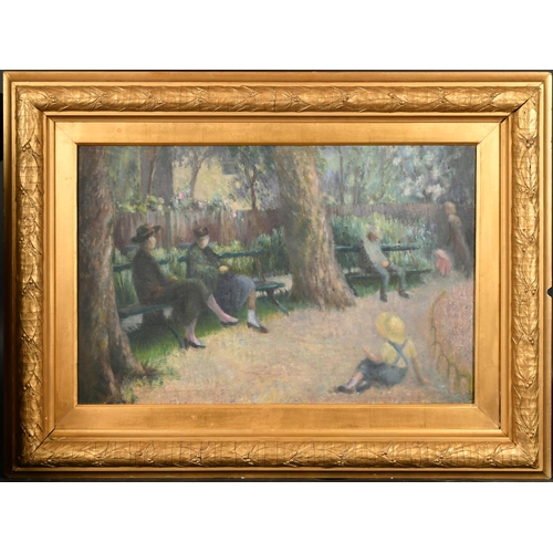 246 - I J B Sinclair (19th-20th Century) British. Figures on a Park Bench, Oil on canvas, Inscribed verso,... 