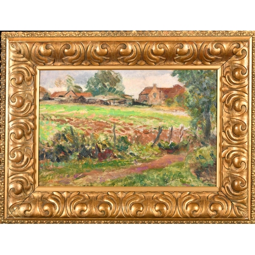 265 - Circle of Lucien Pissarro (1863-1944) French. A French Farm Scene, Oil on board, Bears a monogram an... 