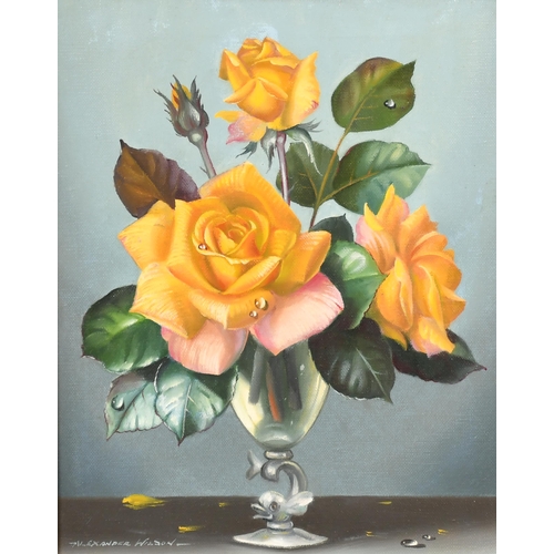 268 - Alexander Wilson (20th Century) British. A Still Life of Roses in a Glass Vase, Oil on board, Signed... 