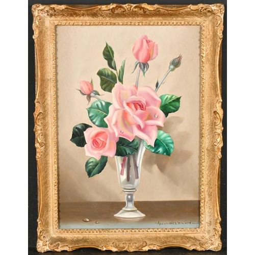 268 - Alexander Wilson (20th Century) British. A Still Life of Roses in a Glass Vase, Oil on board, Signed... 