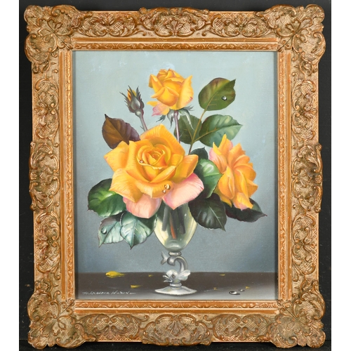 268 - Alexander Wilson (20th Century) British. A Still Life of Roses in a Glass Vase, Oil on board, Signed... 